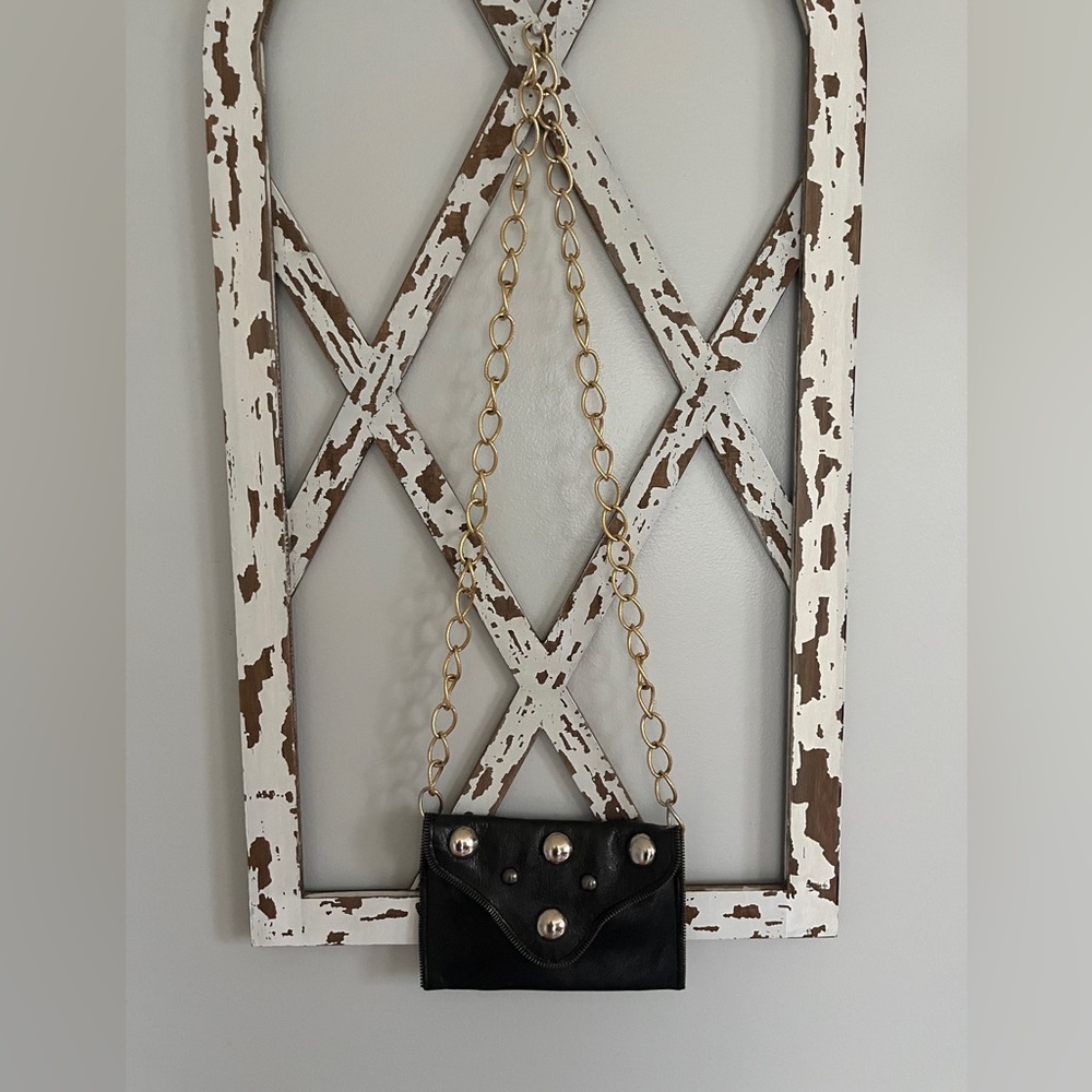 JJ WINTERS Black Mini Envelope‎ Gold Chain Distressed Leather Clutch Crossbody